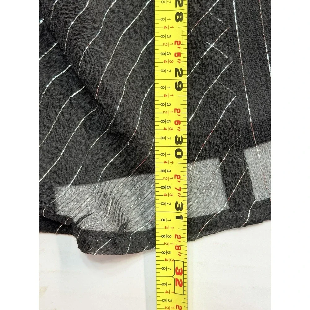 Bob Mackie Studio 3X Black Metallic Stripe Ruffle Tie Neck Sheer Blouse Top‎